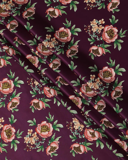 Wine Floral Allover Printed Premium Pure Silk Satin Fabric, 110 Cms, China-D27071