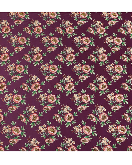 Wine Floral Allover Printed Premium Pure Silk Satin Fabric, 110 Cms, China-D27071