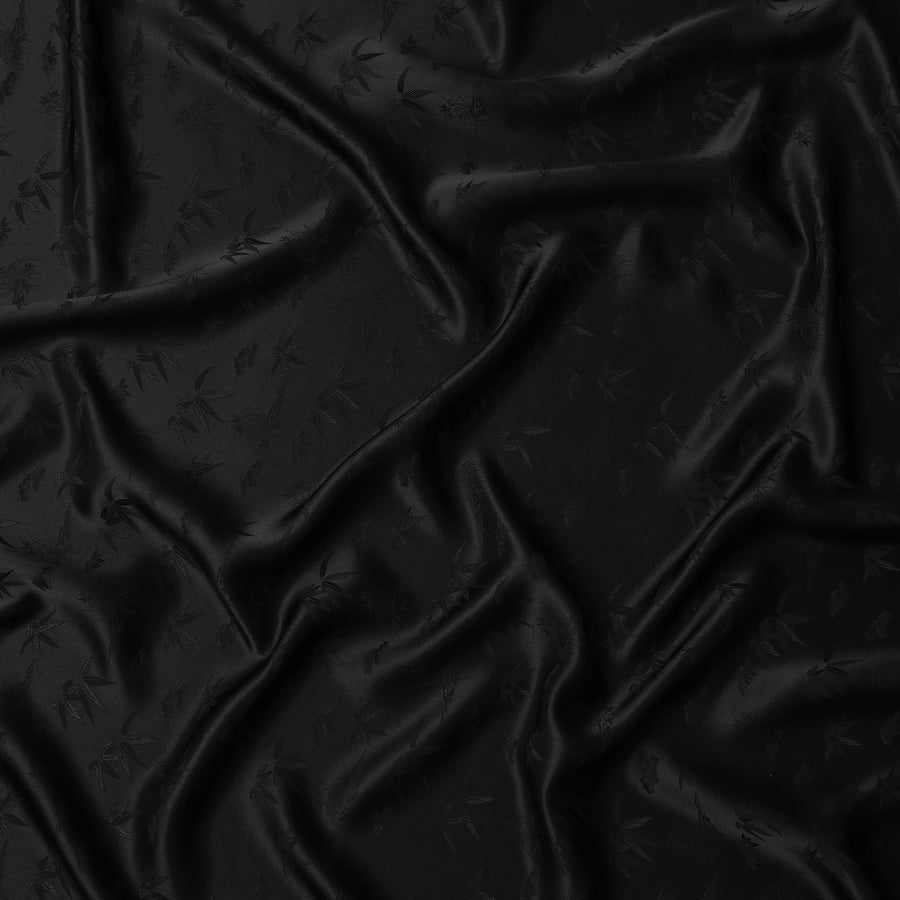 Black Self-Textured Silk Crepe Fabric with Subtle Leaf Motifs and Smooth Lustrous Finish, 110 Cms Width, Made in China-D25887