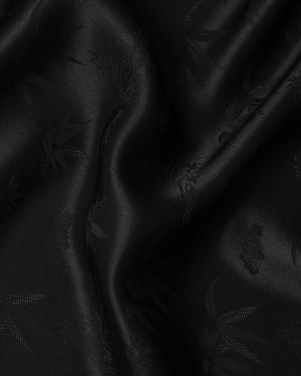 Black Self-Textured Silk Crepe Fabric with Subtle Leaf Motifs and Smooth Lustrous Finish, 110 Cms Width, Made in China-D25887