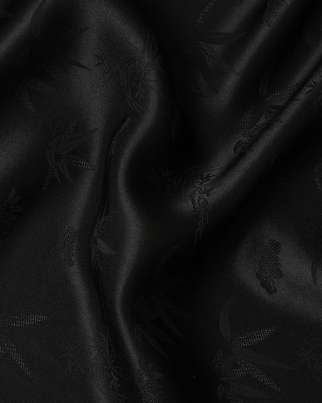 Black Self-Textured Silk Crepe Fabric with Subtle Leaf Motifs and Smooth Lustrous Finish, 110 Cms Width, Made in China-D25887