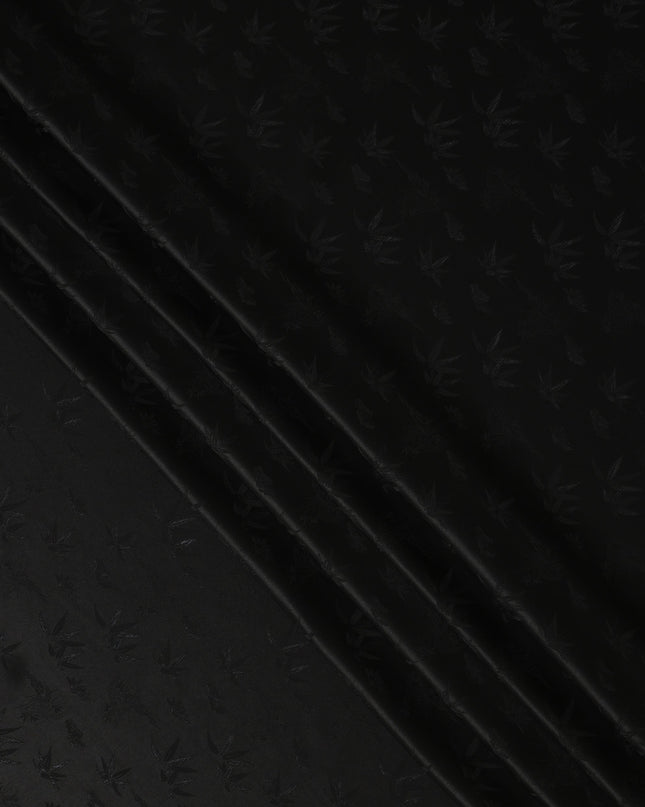 Black Self-Textured Silk Crepe Fabric with Subtle Leaf Motifs and Smooth Lustrous Finish, 110 Cms Width, Made in China-D25887