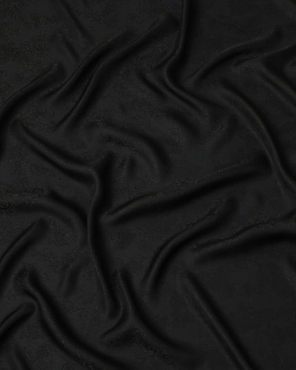 Black Self-Textured Jacquard Silk Crepe Fabric with Subtle Floral Weave and Smooth Lustrous Finish, 110 Cms Width, Made in China-D25889