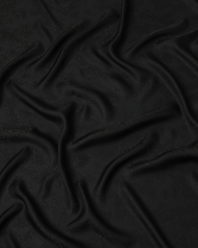 Black Self-Textured Jacquard Silk Crepe Fabric with Subtle Floral Weave and Smooth Lustrous Finish, 110 Cms Width, Made in China-D25889
