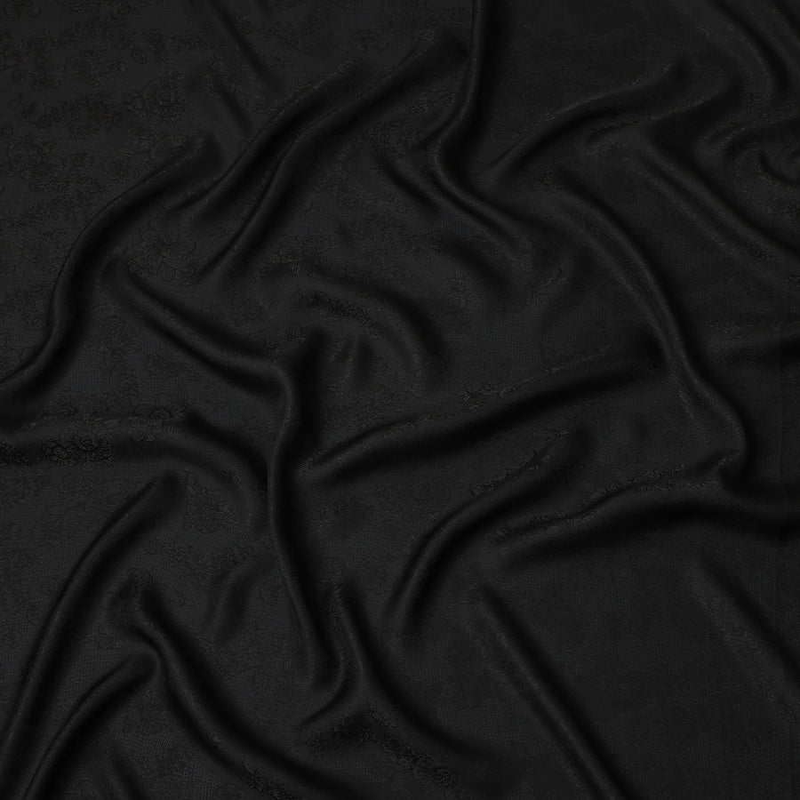 Black Self-Textured Jacquard Silk Crepe Fabric with Subtle Floral Weave and Smooth Lustrous Finish, 110 Cms Width, Made in China-D25889