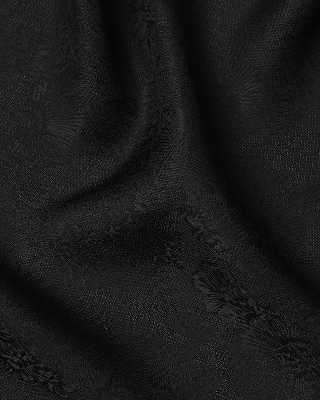 Black Self-Textured Jacquard Silk Crepe Fabric with Subtle Floral Weave and Smooth Lustrous Finish, 110 Cms Width, Made in China-D25889