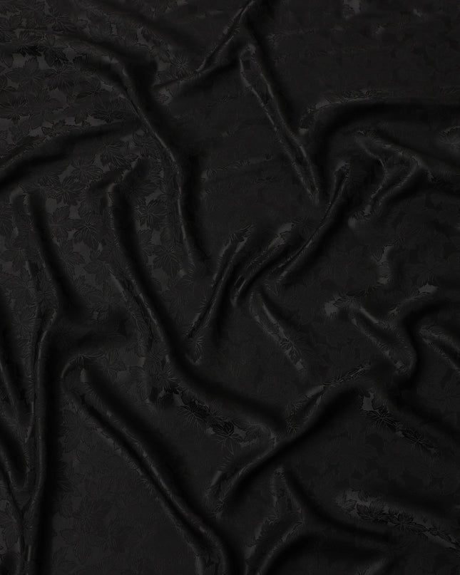 Black Self-Embossed Floral Silk Crepe Fabric with Subtle Gloss Finish and Elegant Textured Weave, 110 Cms Width, Made in China-D25888