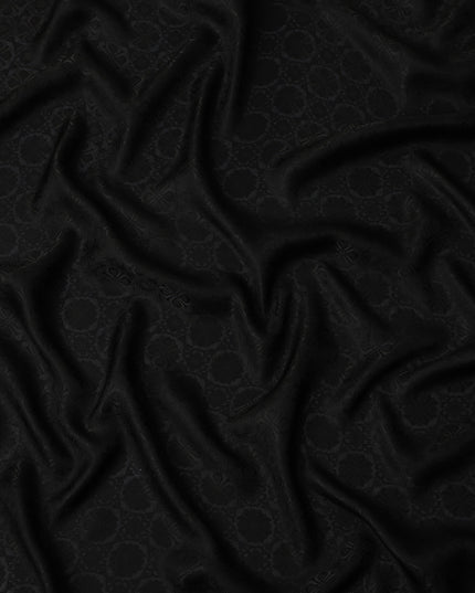 Jet Black Self-Textured Silk Crepe Fabric with Subtle Geometric Motifs and Smooth Glossy Finish, 110 Cms Width, Made in China-D25886