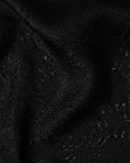 Jet Black Self-Textured Silk Crepe Fabric with Subtle Geometric Motifs and Smooth Glossy Finish, 110 Cms Width, Made in China-D25886