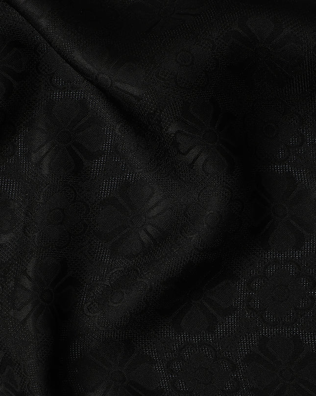 Jet Black Self-Textured Silk Crepe Fabric with Subtle Geometric Motifs and Smooth Glossy Finish, 110 Cms Width, Made in China-D25886