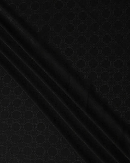 Jet Black Self-Textured Silk Crepe Fabric with Subtle Geometric Motifs and Smooth Glossy Finish, 110 Cms Width, Made in China-D25886