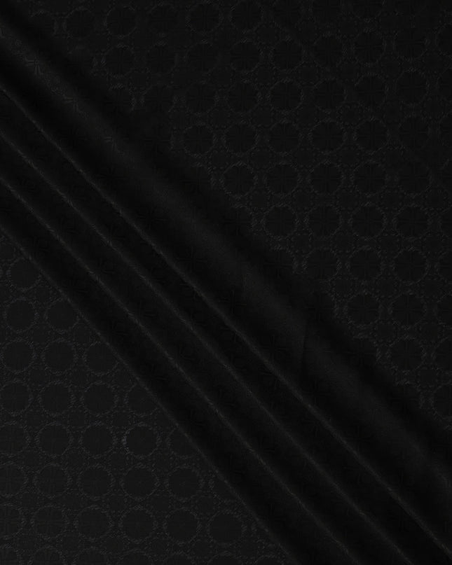 Jet Black Self-Textured Silk Crepe Fabric with Subtle Geometric Motifs and Smooth Glossy Finish, 110 Cms Width, Made in China-D25886