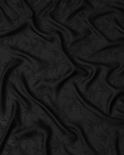 Black Self-Woven Leaf Pattern Silk Crepe Fabric with Subtle Matte Gloss Finish and Elegant Texture, 110 Cms Width, Made in China-D25890