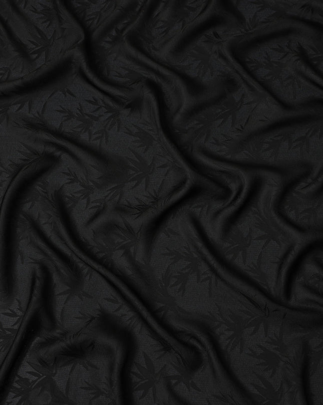 Black Self-Woven Leaf Pattern Silk Crepe Fabric with Subtle Matte Gloss Finish and Elegant Texture, 110 Cms Width, Made in China-D25890
