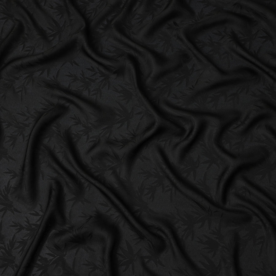 Black Self-Woven Leaf Pattern Silk Crepe Fabric with Subtle Matte Gloss Finish and Elegant Texture, 110 Cms Width, Made in China-D25890