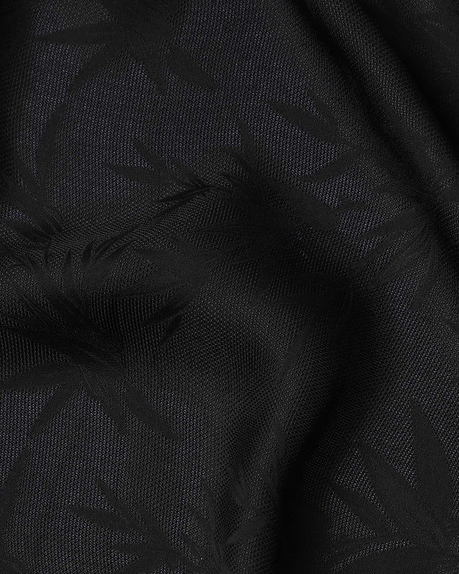 Black Self-Woven Leaf Pattern Silk Crepe Fabric with Subtle Matte Gloss Finish and Elegant Texture, 110 Cms Width, Made in China-D25890