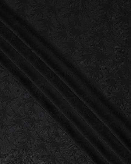 Black Self-Woven Leaf Pattern Silk Crepe Fabric with Subtle Matte Gloss Finish and Elegant Texture, 110 Cms Width, Made in China-D25890
