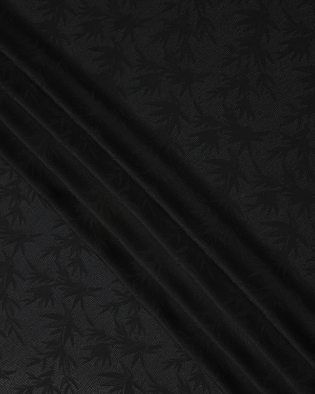 Black Self-Woven Leaf Pattern Silk Crepe Fabric with Subtle Matte Gloss Finish and Elegant Texture, 110 Cms Width, Made in China-D25890