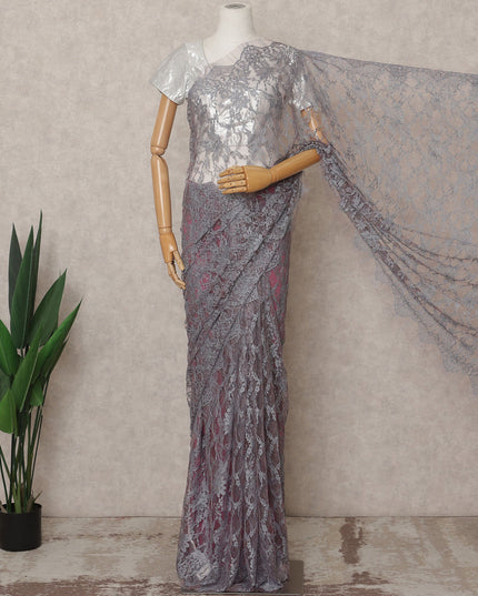 Grey Premium 2-Tone French Chantilly Lace Saree Fabric 5.5 Mtrs with 110 Cms Width – Imported from France-D25666