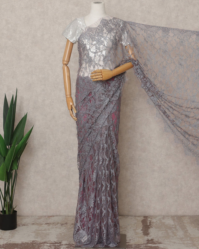Grey Premium 2-Tone French Chantilly Lace Saree Fabric 5.5 Mtrs with 110 Cms Width – Imported from France-D25666