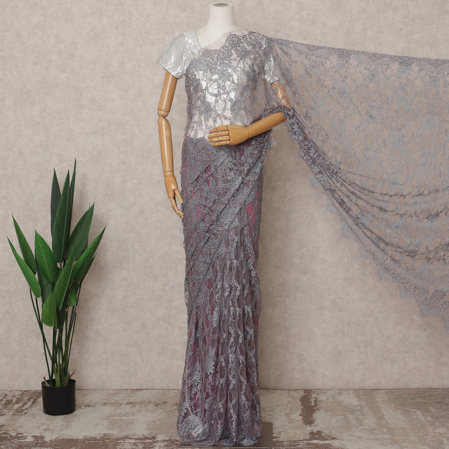 Grey Premium 2-Tone French Chantilly Lace Saree Fabric 5.5 Mtrs with 110 Cms Width – Imported from France-D25666