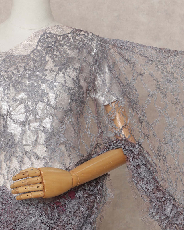 Grey Premium 2-Tone French Chantilly Lace Saree Fabric 5.5 Mtrs with 110 Cms Width – Imported from France-D25666