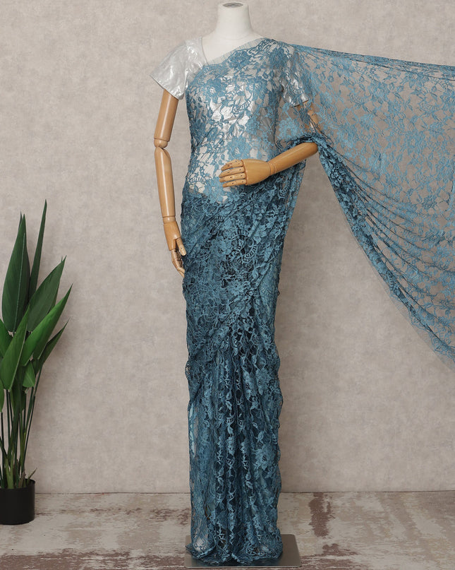 Steel Blue Premium 2-Tone French Chantilly Lace Saree Fabric 5.5 Mtrs with 110 Cms Width – Imported from France-D25653