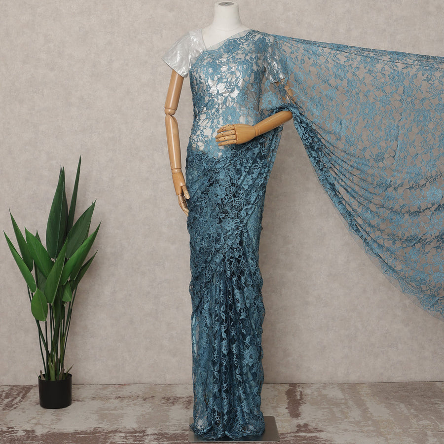 Steel Blue Premium 2-Tone French Chantilly Lace Saree Fabric 5.5 Mtrs with 110 Cms Width – Imported from France-D25653