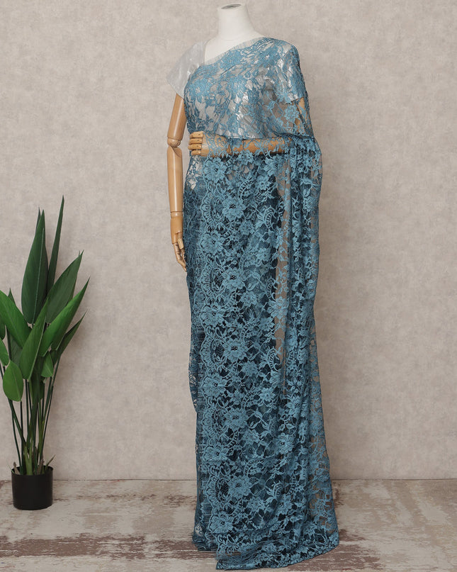 Steel Blue Premium 2-Tone French Chantilly Lace Saree Fabric 5.5 Mtrs with 110 Cms Width – Imported from France-D25653