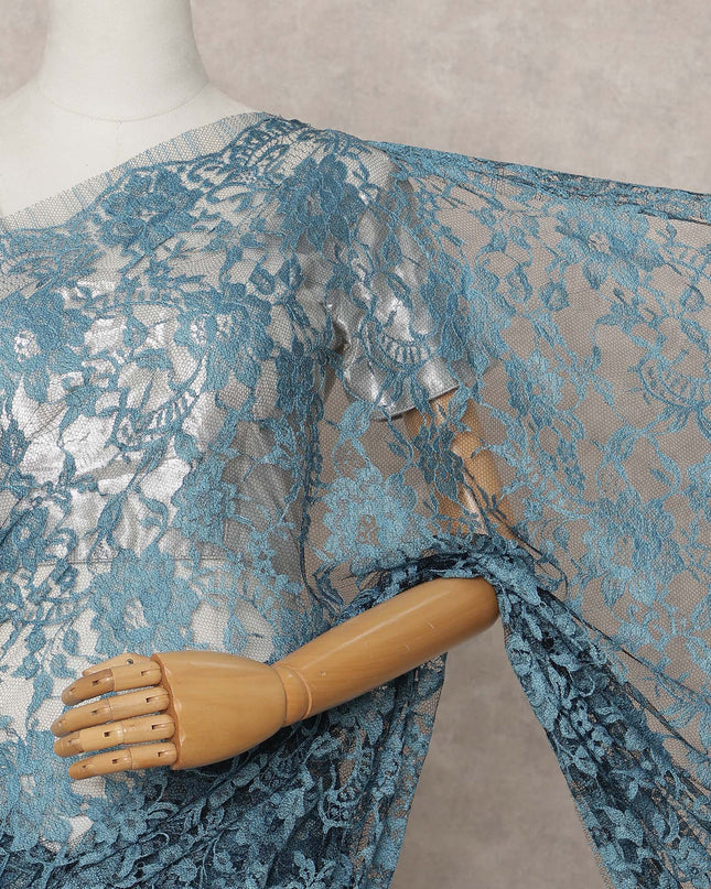 Steel Blue Premium 2-Tone French Chantilly Lace Saree Fabric 5.5 Mtrs with 110 Cms Width – Imported from France-D25653