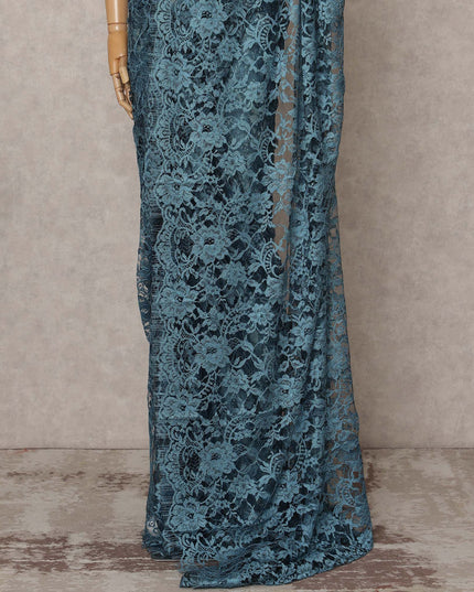 Steel Blue Premium 2-Tone French Chantilly Lace Saree Fabric 5.5 Mtrs with 110 Cms Width – Imported from France-D25653