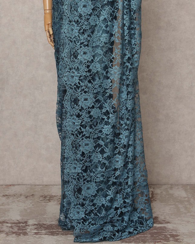 Steel Blue Premium 2-Tone French Chantilly Lace Saree Fabric 5.5 Mtrs with 110 Cms Width – Imported from France-D25653