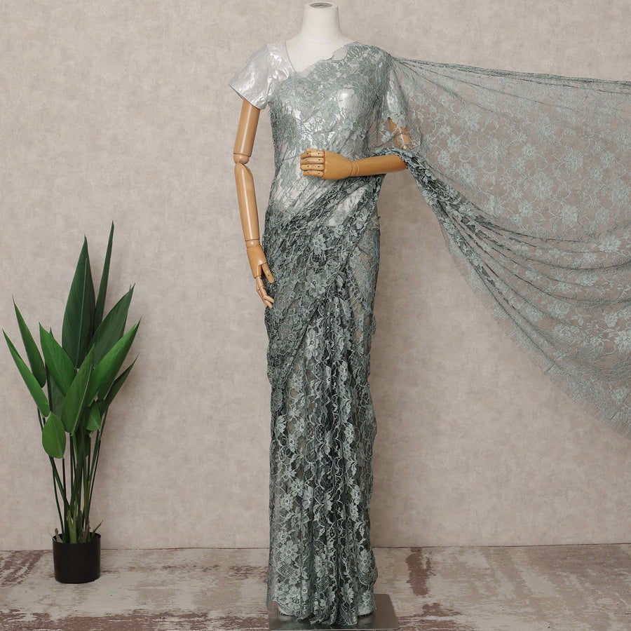 Dusty Green Premium French Chantilly Lace Saree Fabric 5.5 Mtrs with 110 Cms Width – Imported from France-D25647