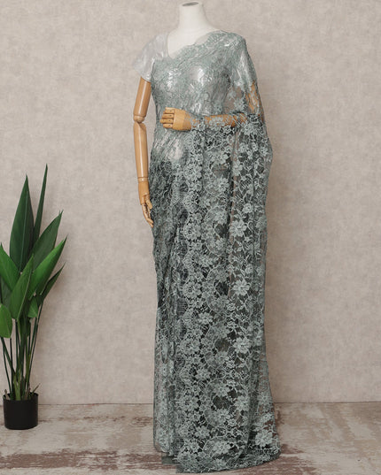 Dusty Green Premium French Chantilly Lace Saree Fabric 5.5 Mtrs with 110 Cms Width – Imported from France-D25647