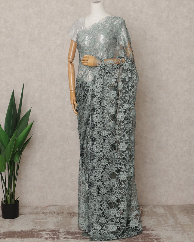 Dusty Green Premium French Chantilly Lace Saree Fabric 5.5 Mtrs with 110 Cms Width – Imported from France-D25647