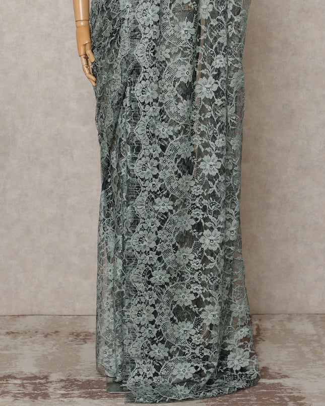 Dusty Green Premium French Chantilly Lace Saree Fabric 5.5 Mtrs with 110 Cms Width – Imported from France-D25647