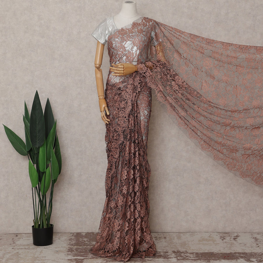 Brown French Chantilly Lace Saree | Regal