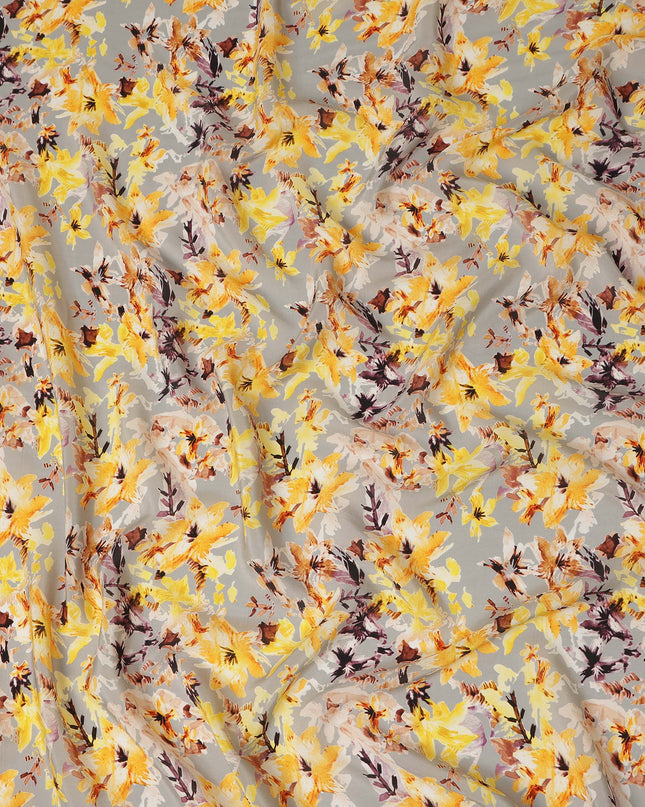 Grey Yellow Floral Printed Viscose Crepe Fabric 110 Cms Width Made in India-D27575
