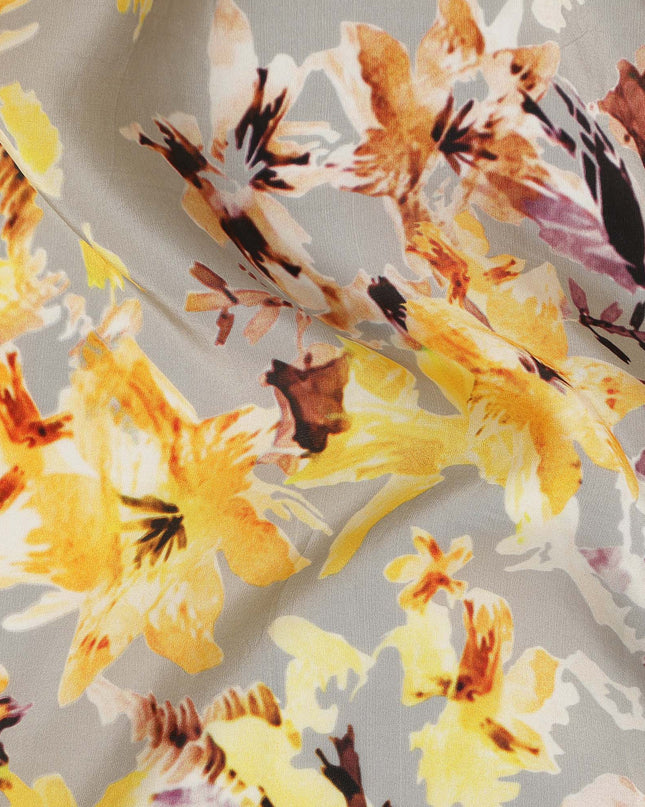 Grey Yellow Floral Printed Viscose Crepe Fabric 110 Cms Width Made in India-D27575