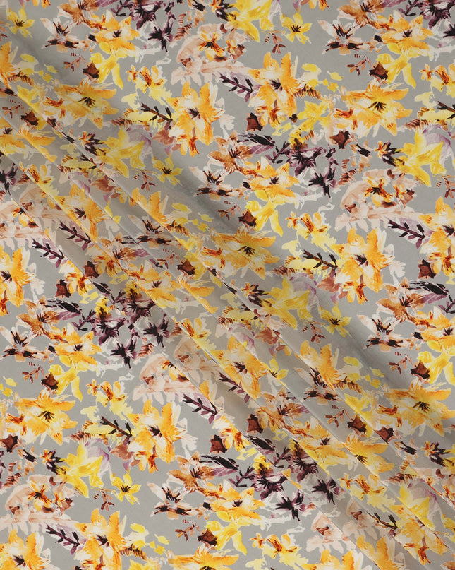 Grey Yellow Floral Printed Viscose Crepe Fabric 110 Cms Width Made in India-D27575
