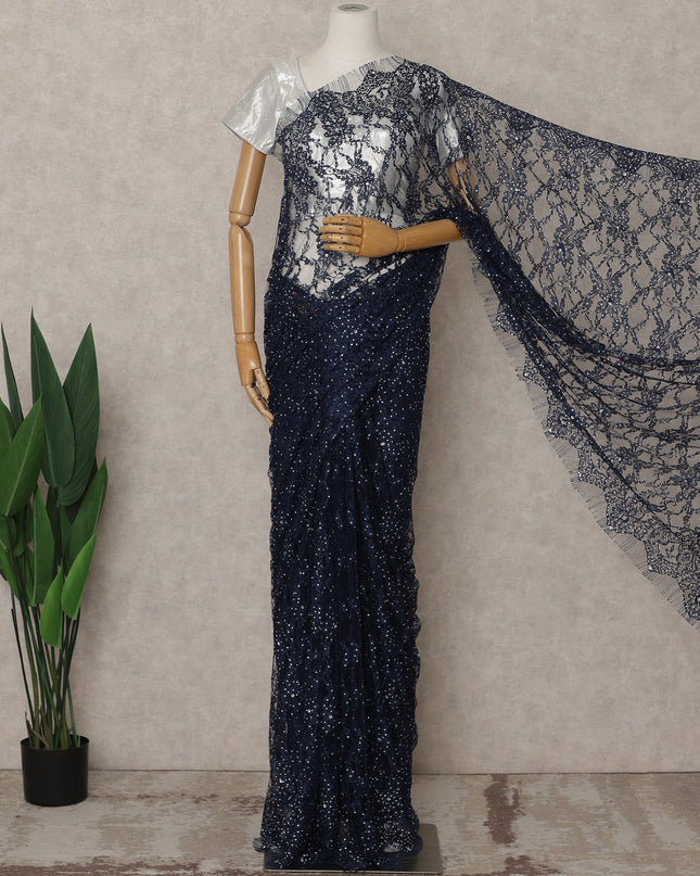 Navy Blue Premium French Chantilly Lace Saree with Stone Work – 5.5 Meters Fabric Length, Width 110 cm, Imported from France  & Blouse Not Included-D26589