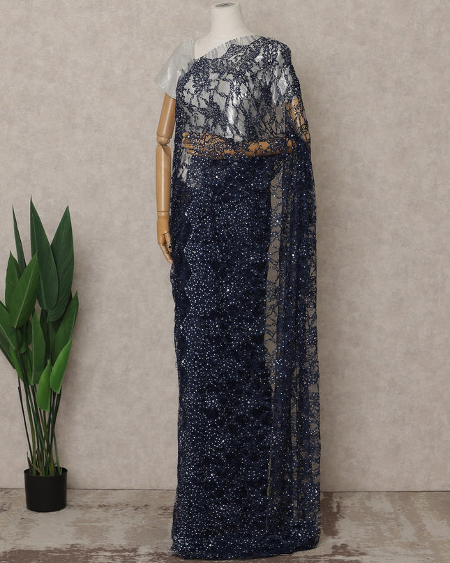 Navy Blue Premium French Chantilly Lace Saree with Stone Work – 5.5 Meters Fabric Length, Width 110 cm, Imported from France  & Blouse Not Included-D26589