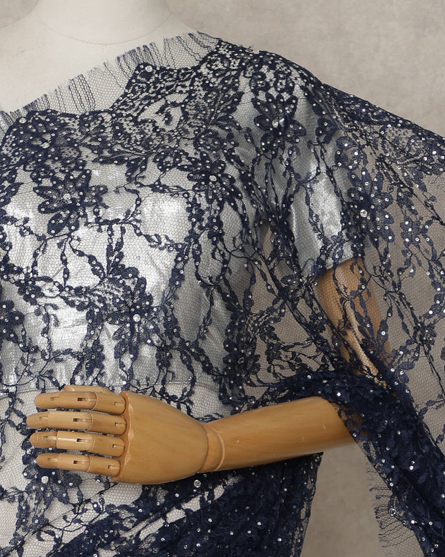 Navy Blue Premium French Chantilly Lace Saree with Stone Work – 5.5 Meters Fabric Length, Width 110 cm, Imported from France  & Blouse Not Included-D26589