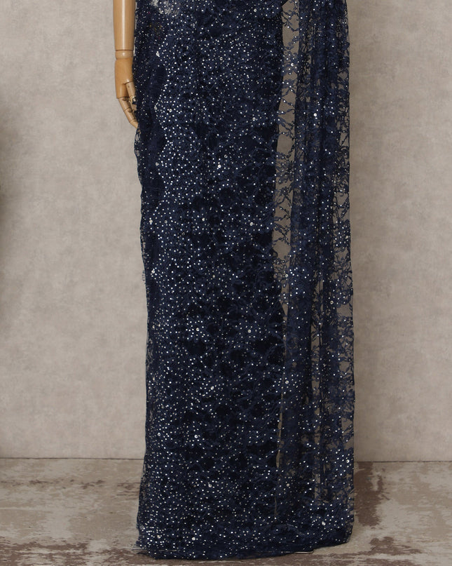Navy Blue Premium French Chantilly Lace Saree with Stone Work – 5.5 Meters Fabric Length, Width 110 cm, Imported from France  & Blouse Not Included-D26589