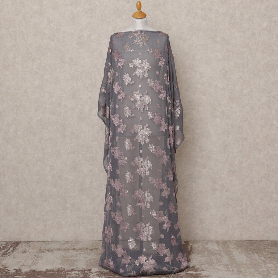 قماش ديراك شيفون حريري صومالي رمادي فحمي مع لوركس معدني ذهبي وردي - 3.5 متر، عرض 140 سم، صنع في كوريا الجنوبية - D24548