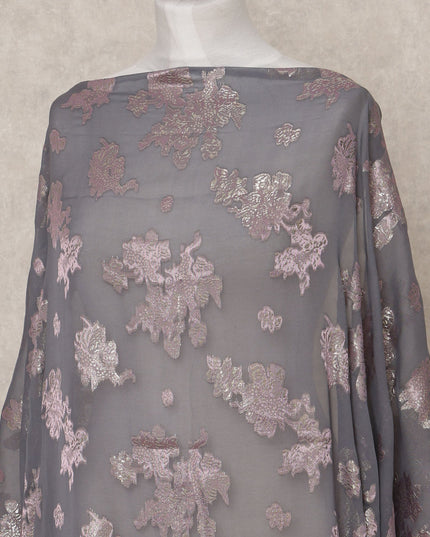 قماش ديراك شيفون حريري صومالي رمادي فحمي مع لوركس معدني ذهبي وردي - 3.5 متر، عرض 140 سم، صنع في كوريا الجنوبية - D24548