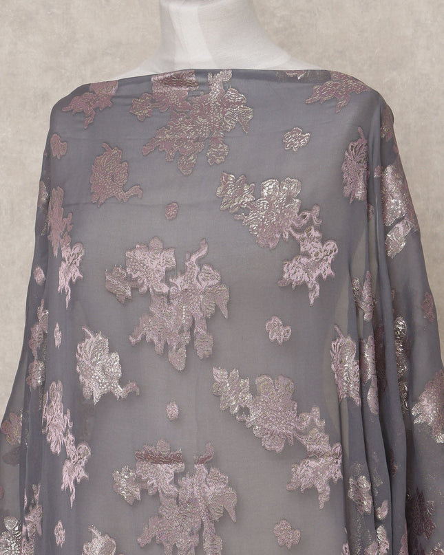 قماش ديراك شيفون حريري صومالي رمادي فحمي مع لوركس معدني ذهبي وردي - 3.5 متر، عرض 140 سم، صنع في كوريا الجنوبية - D24548