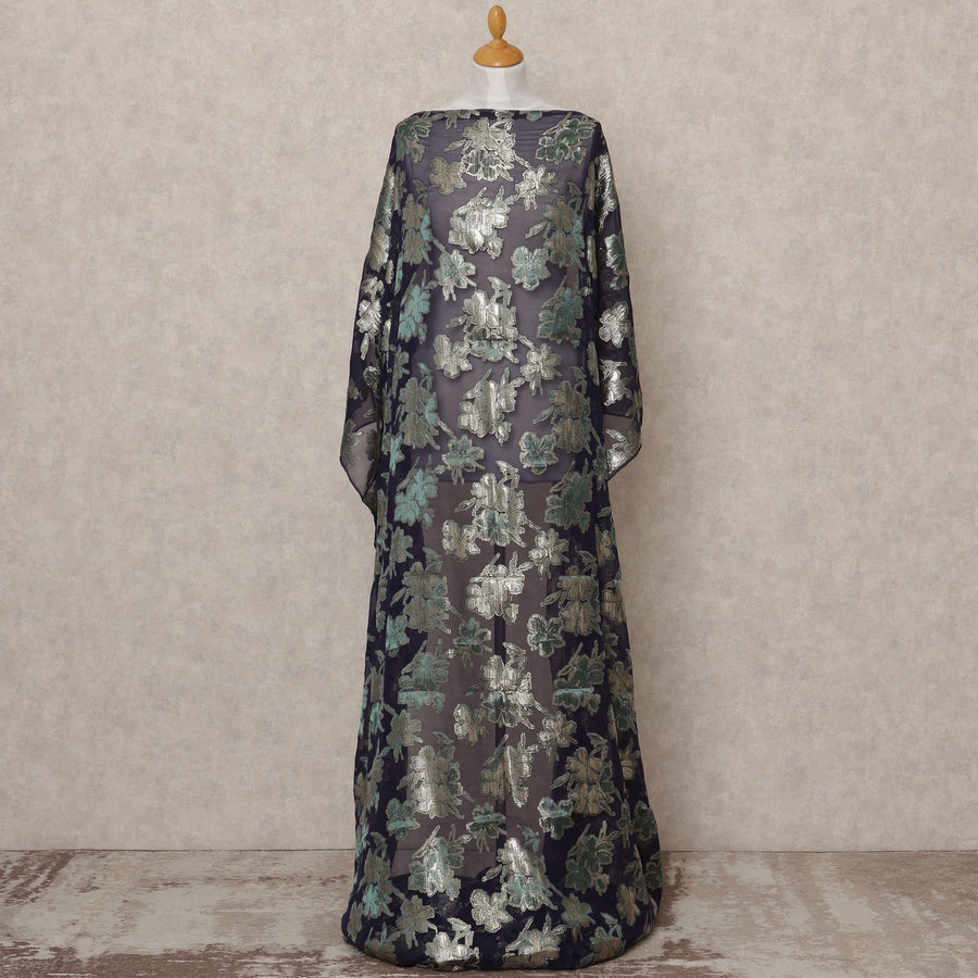 قماش ديراك شيفون حريري صومالي أزرق داكن مع لوركس معدني فضي وأزرق مخضر - 3.5 متر، عرض 140 سم، صنع في كوريا الجنوبية - D24553