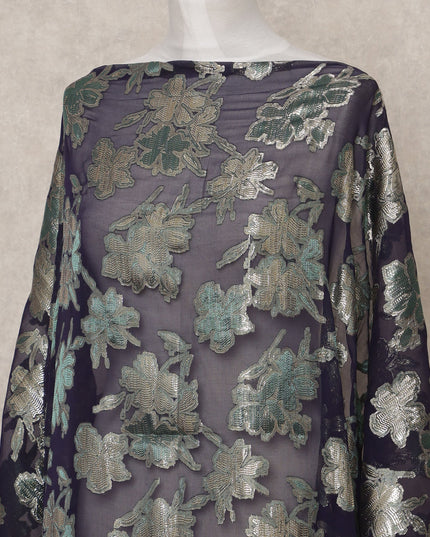 قماش ديراك شيفون حريري صومالي أزرق داكن مع لوركس معدني فضي وأزرق مخضر - 3.5 متر، عرض 140 سم، صنع في كوريا الجنوبية - D24553