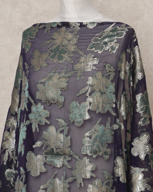 قماش ديراك شيفون حريري صومالي أزرق داكن مع لوركس معدني فضي وأزرق مخضر - 3.5 متر، عرض 140 سم، صنع في كوريا الجنوبية - D24553